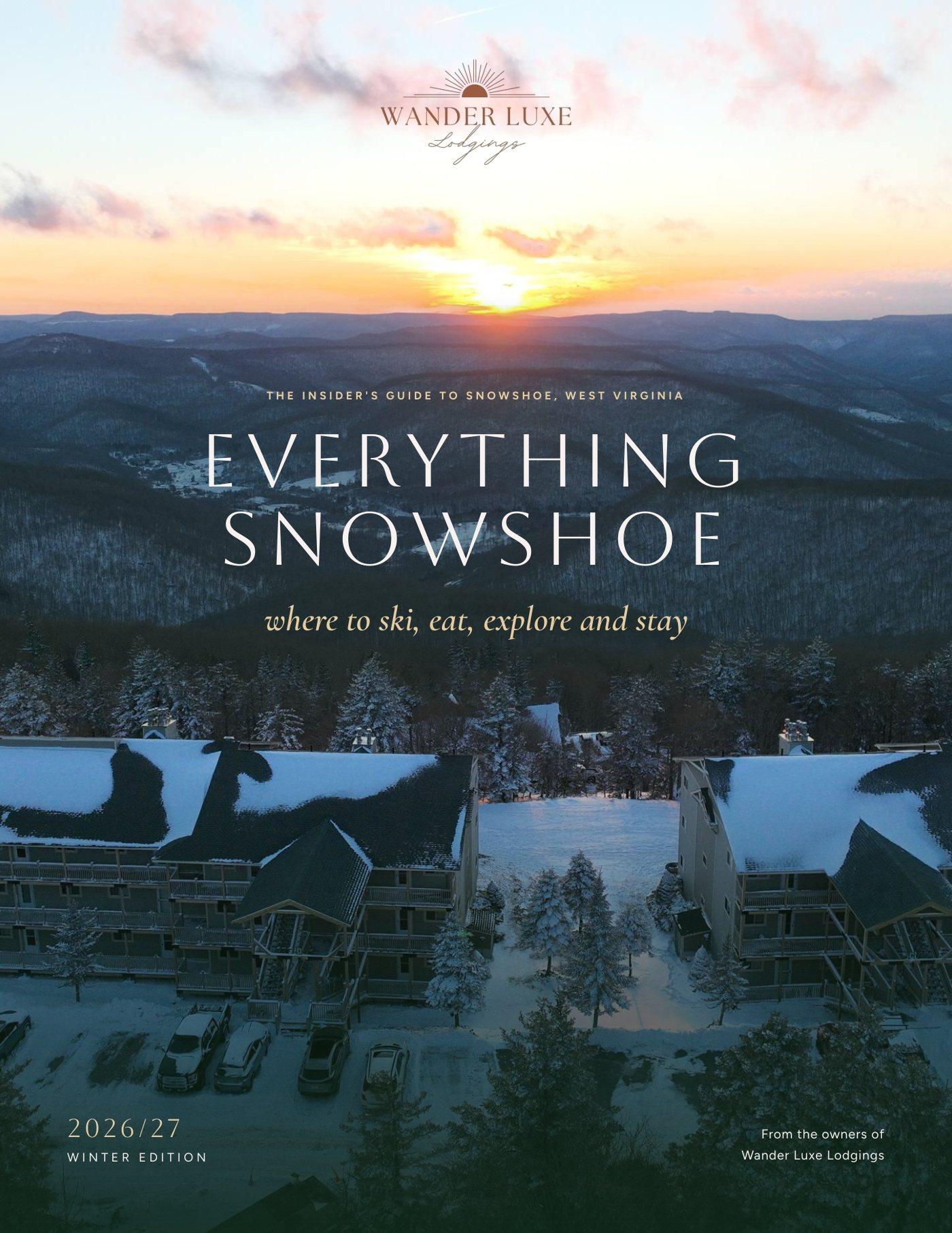 The cover of Everything Snowshoe, Winter 2026/27: the Summit condos under fresh snow at sunset