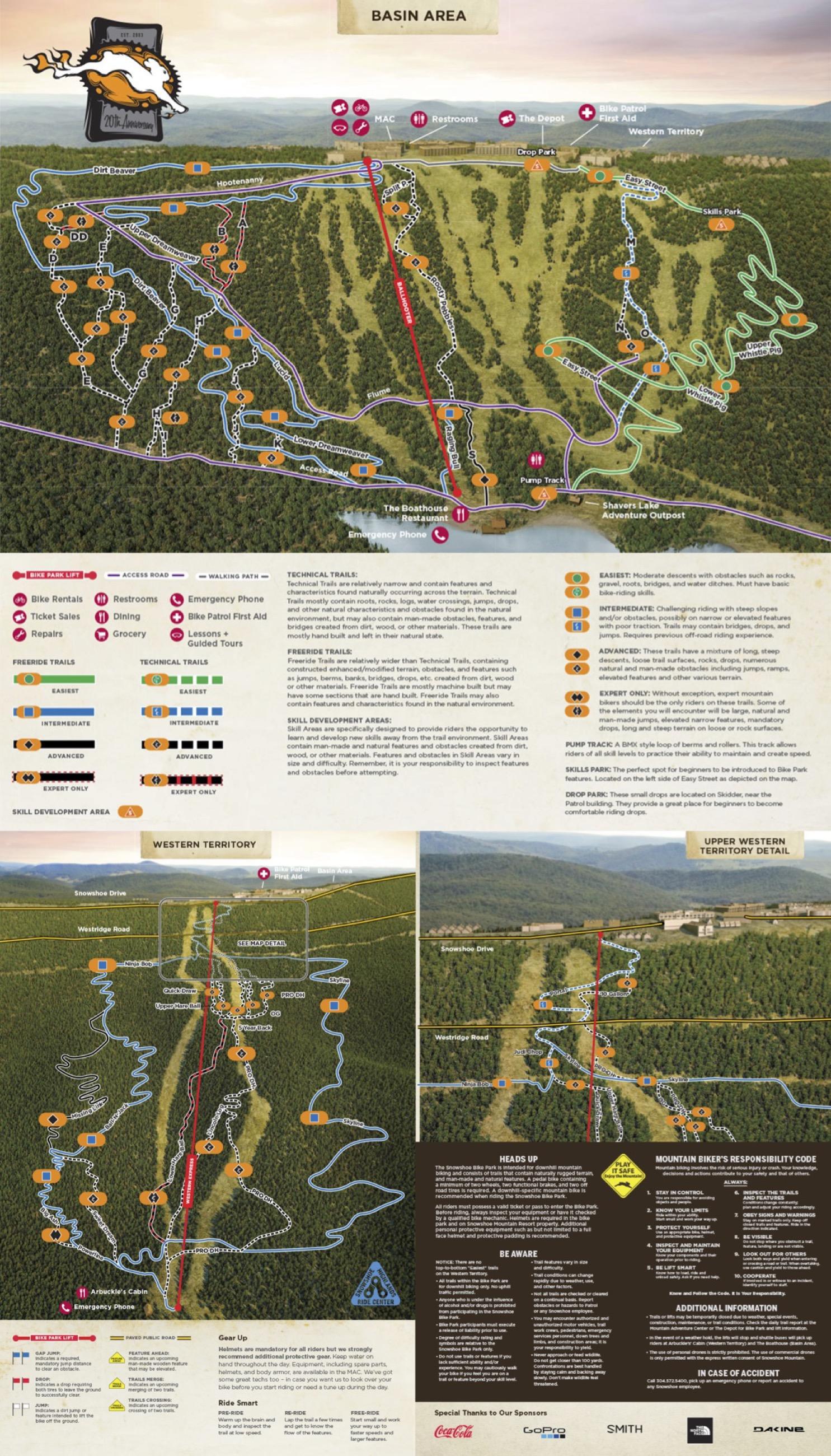 Snowshoe Bike Park trail map with difficulty ratings
