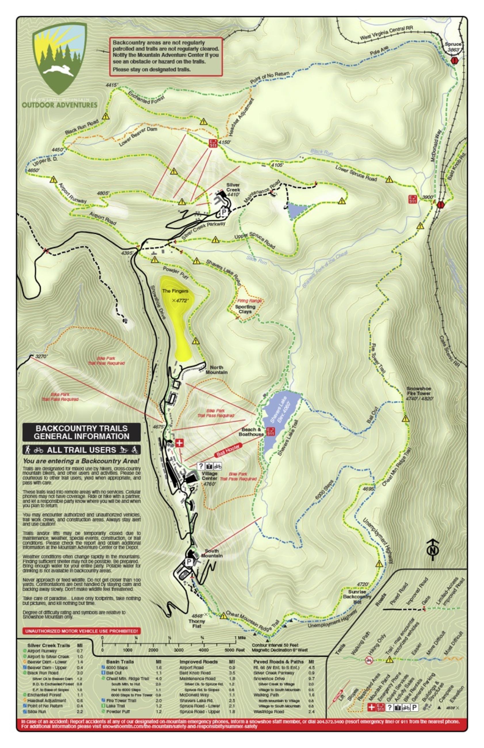 Snowshoe hiking and backcountry trail map including the Firetower trail