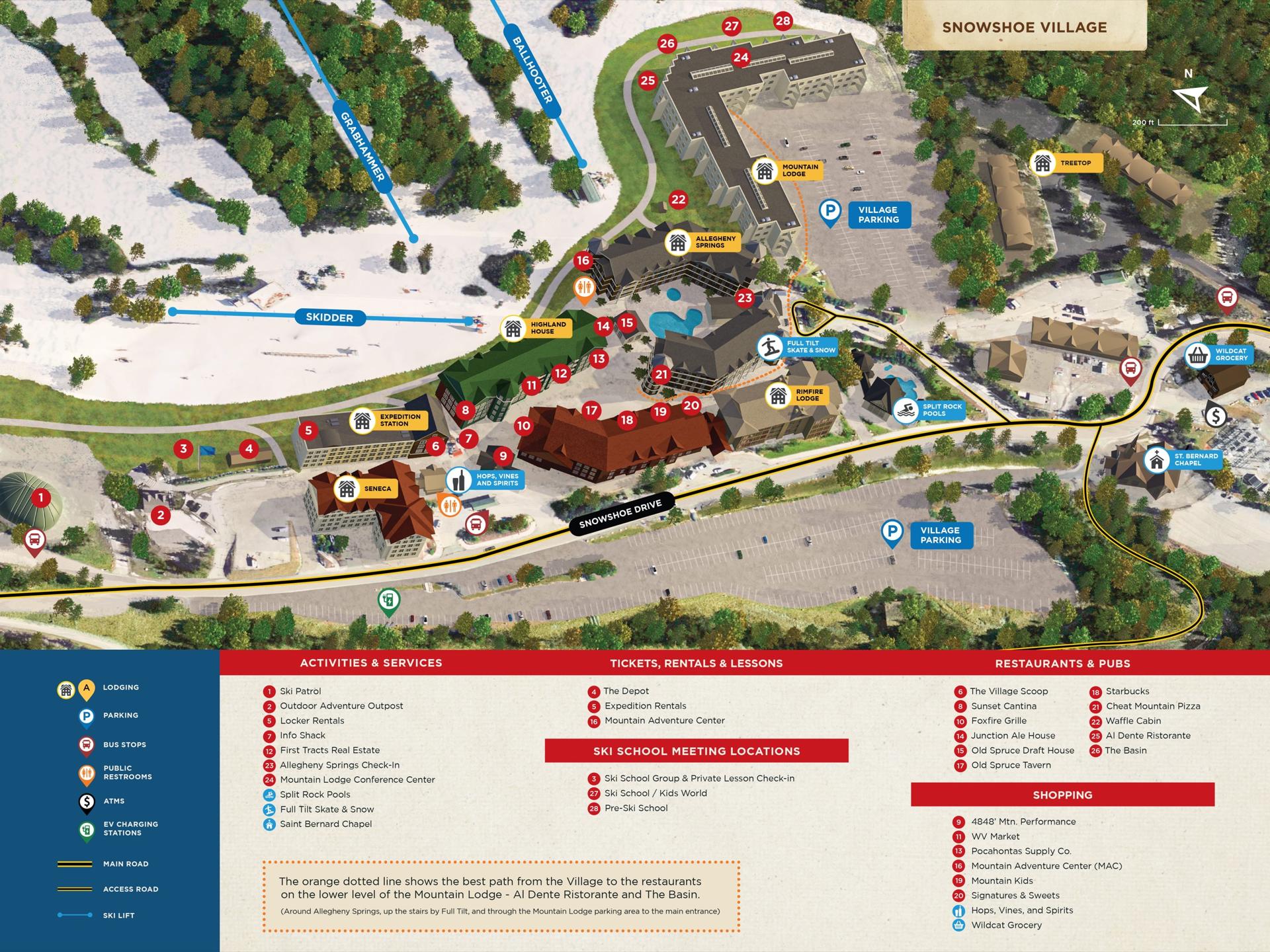 Map of the Snowshoe Village with restaurants, shops, and lodges numbered
