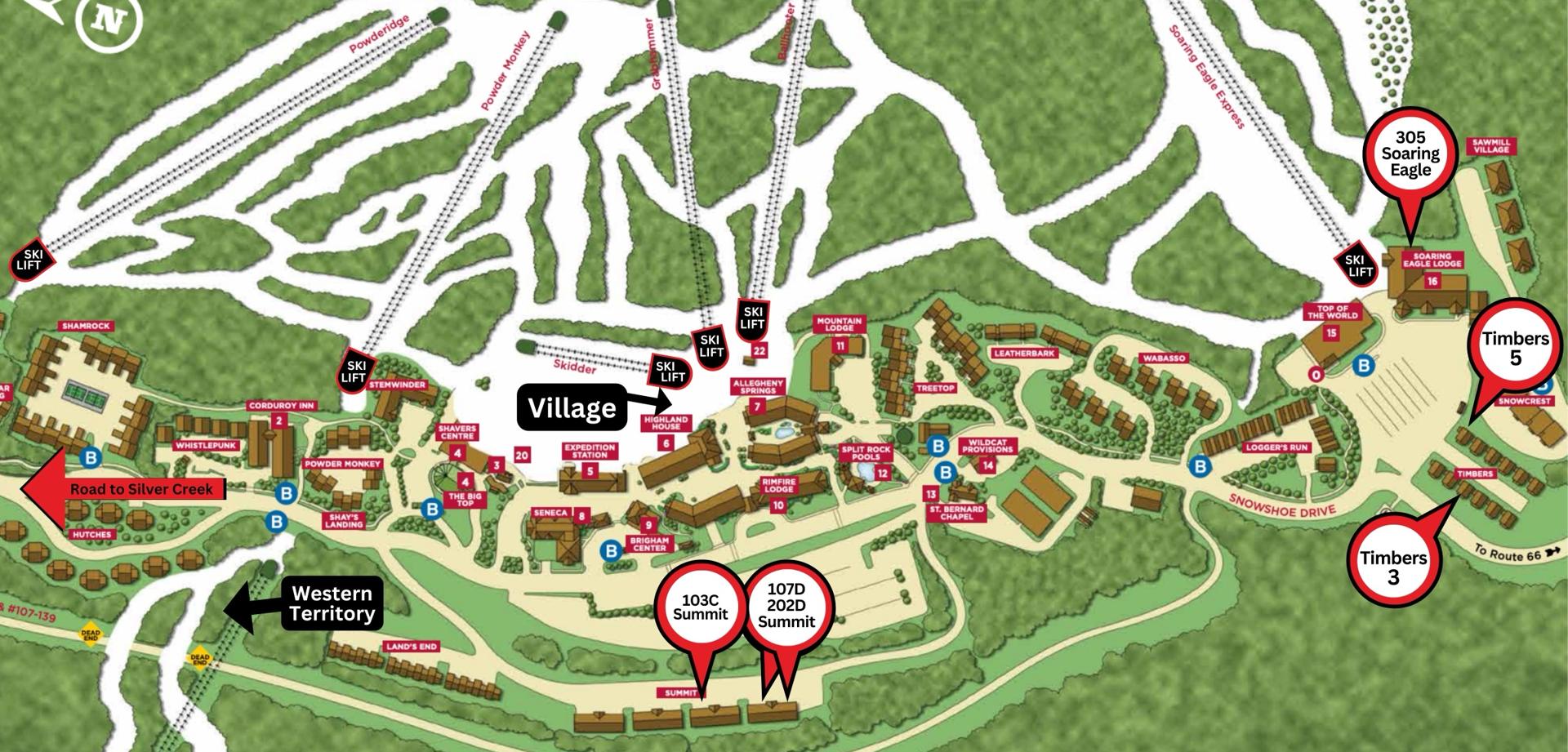 Snowshoe resort map with pins on Wander Luxe Lodgings' seven homes: 305 Soaring Eagle, Timbers 3, Timbers 5, 103C Summit, 107D Summit, 202D Summit, and the road toward 1208 Silver Creek