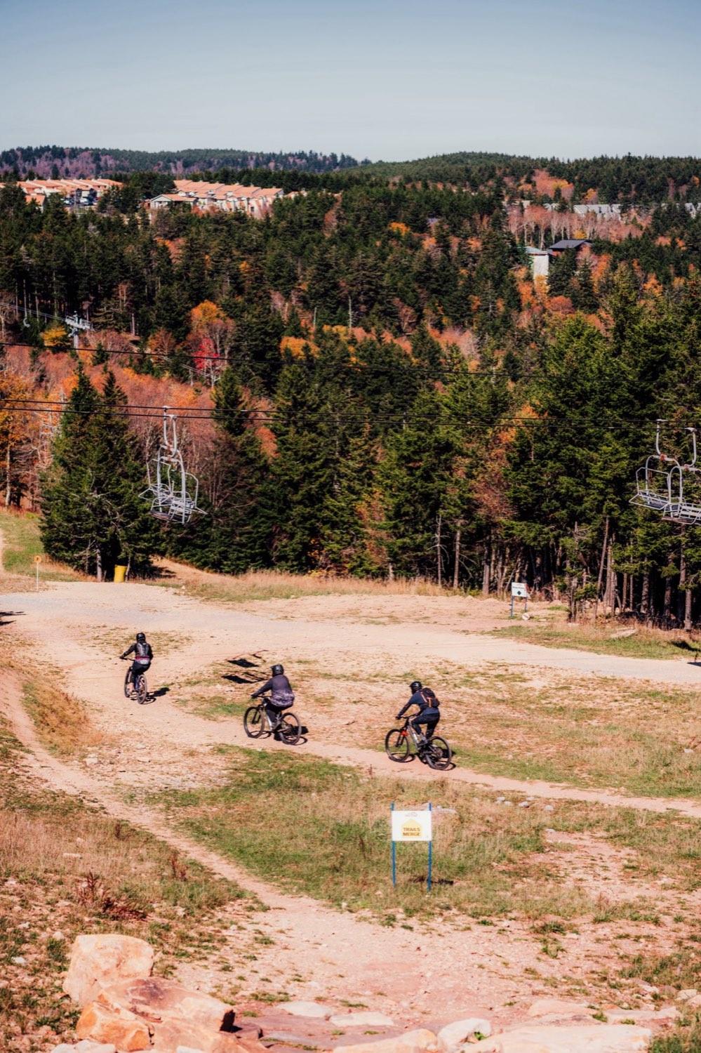 Riders on the Basin trails at Snowshoe in fall, seen from above the bike park