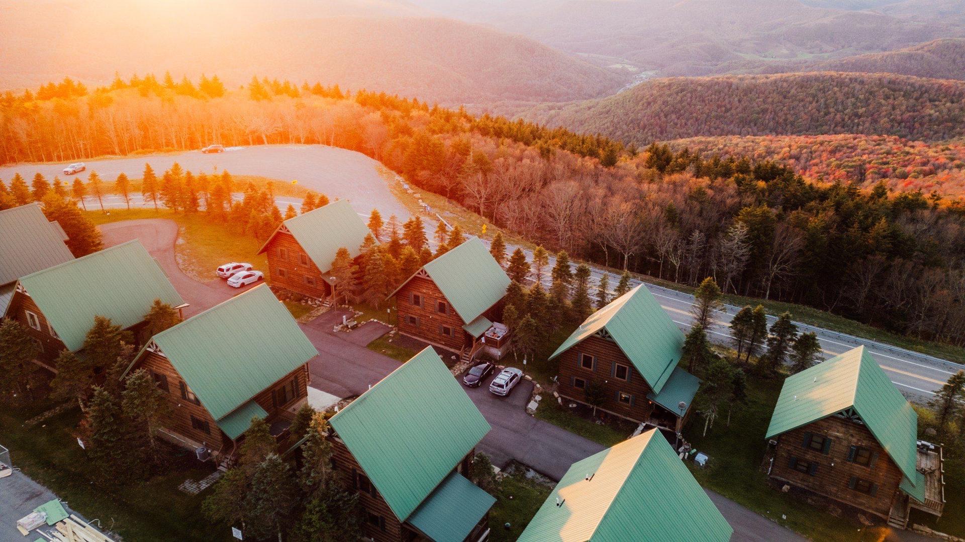 Snowshoe homes at sunset from the air