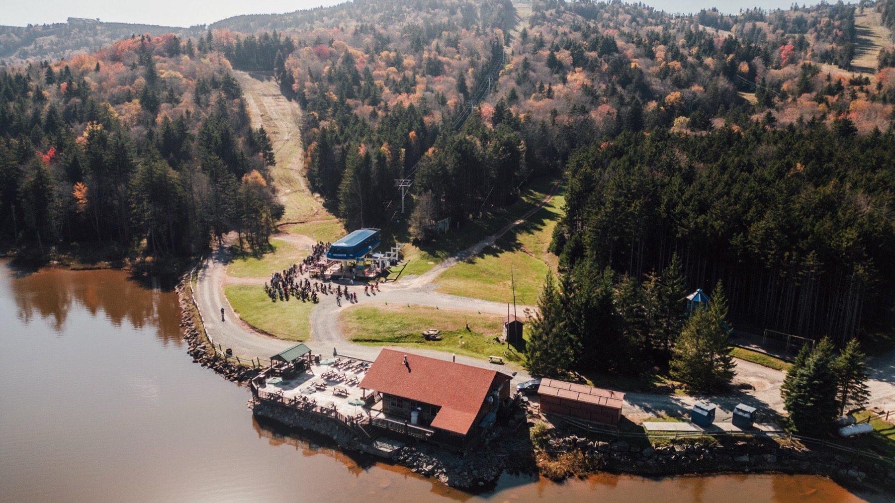 Shavers Lake and the Boathouse from above in fall