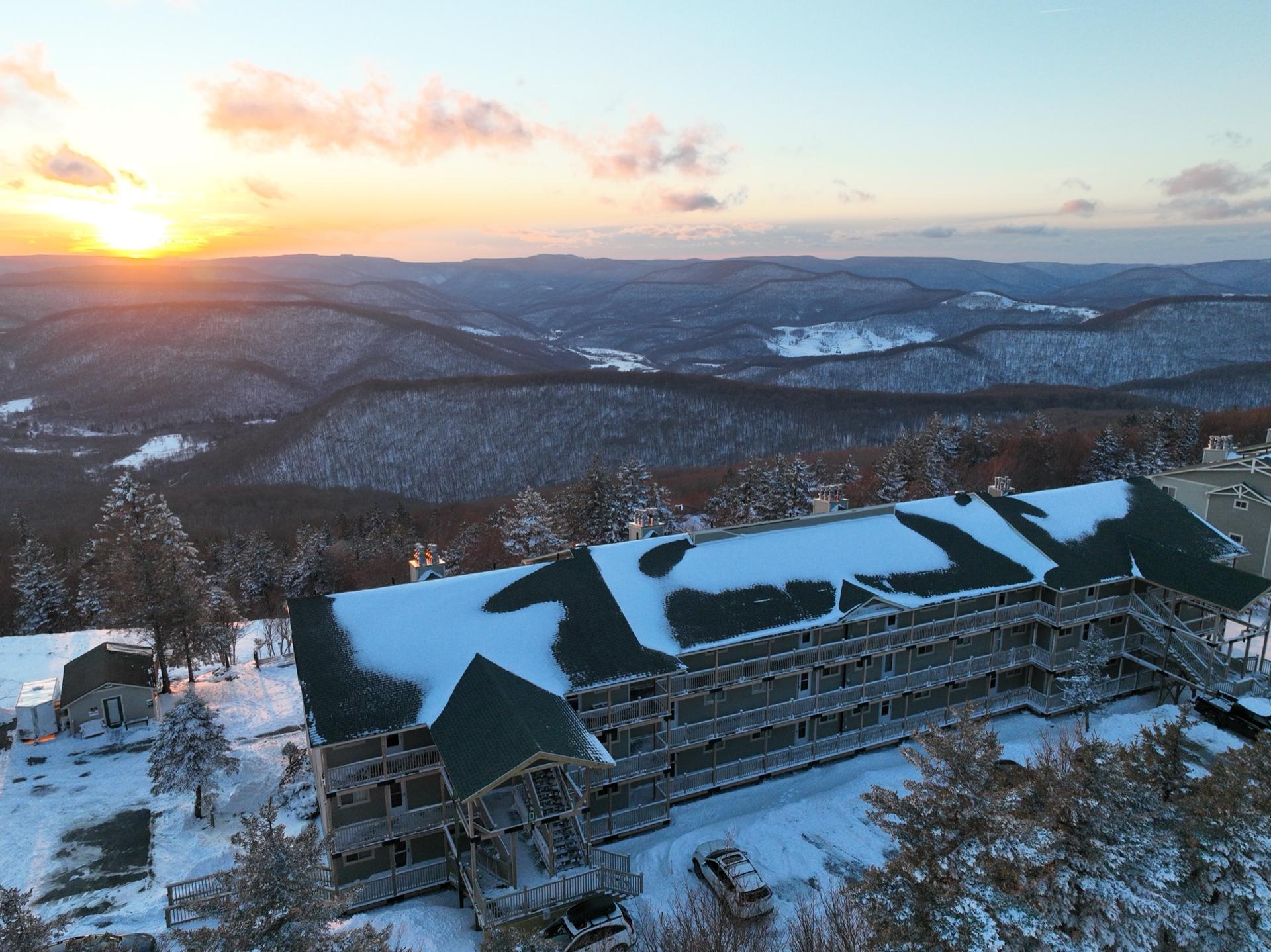 Snow on the Summit condos at sunset, seen from above