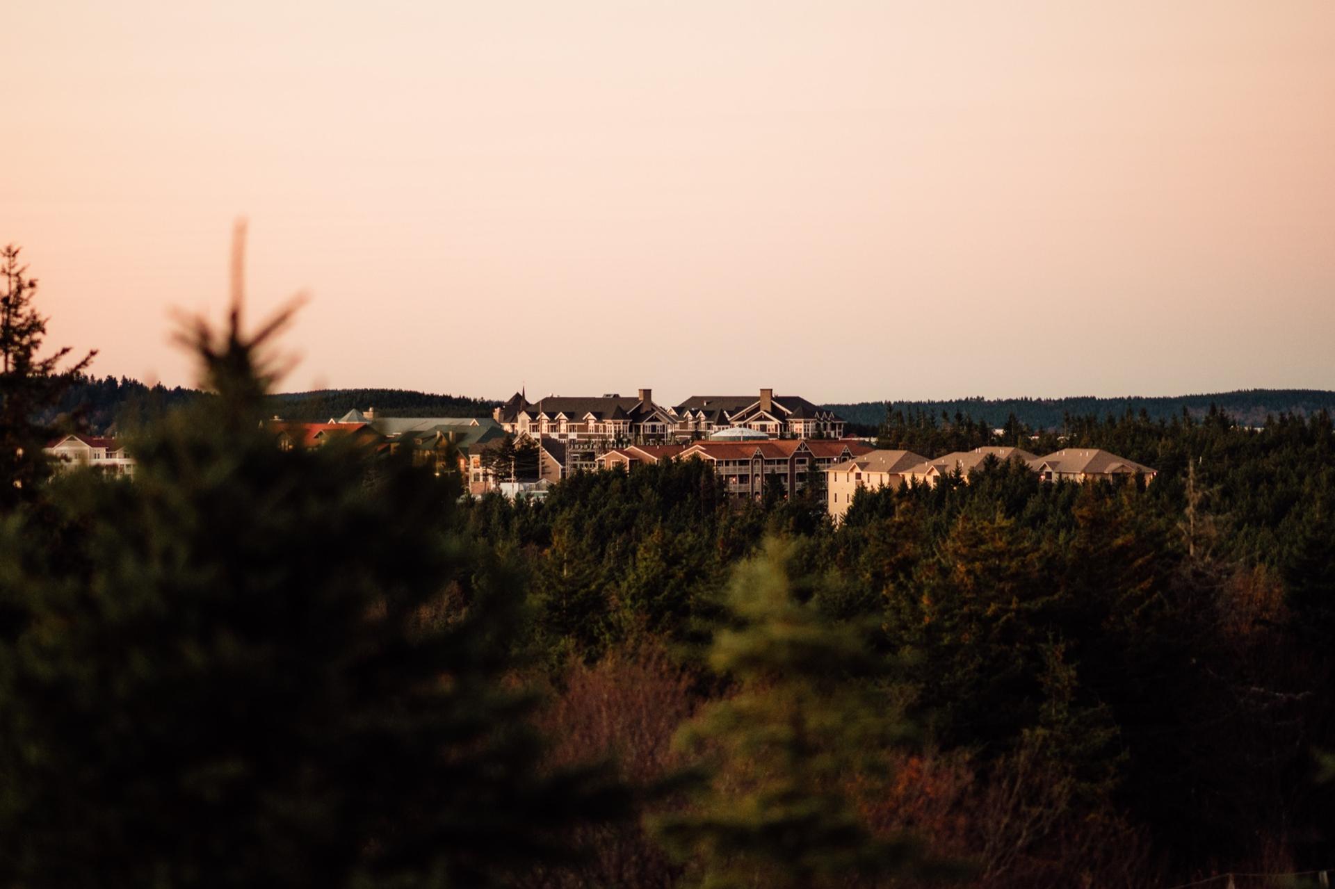 The Snowshoe Village skyline at dusk
