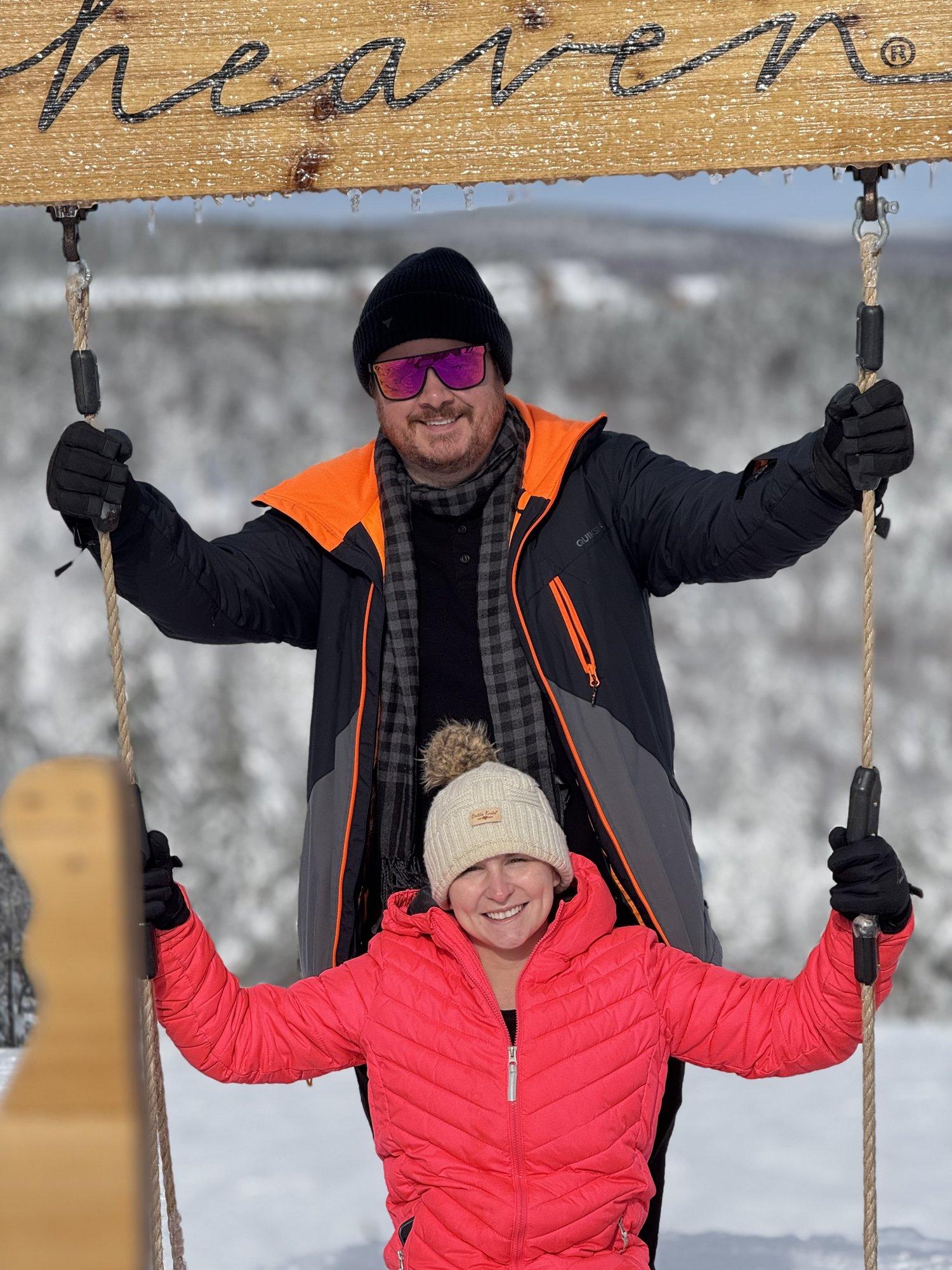 The Almost Heaven swing at the summit in winter, snow on the ground