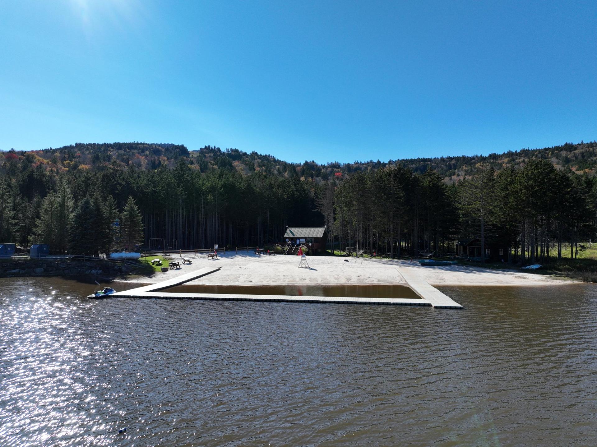 The Boathouse dock and the beach at Shavers Lake from above