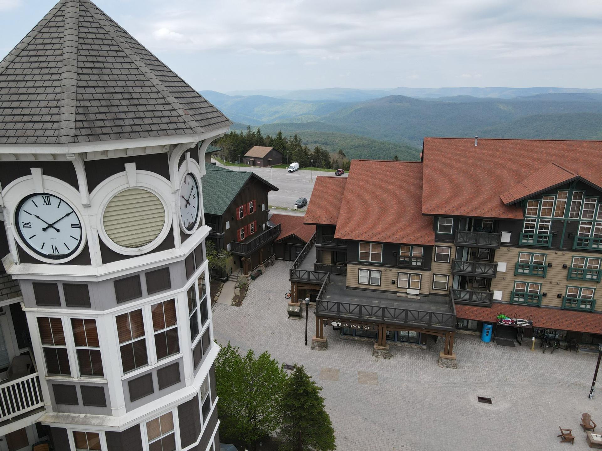 The Village clock tower at Snowshoe from the air