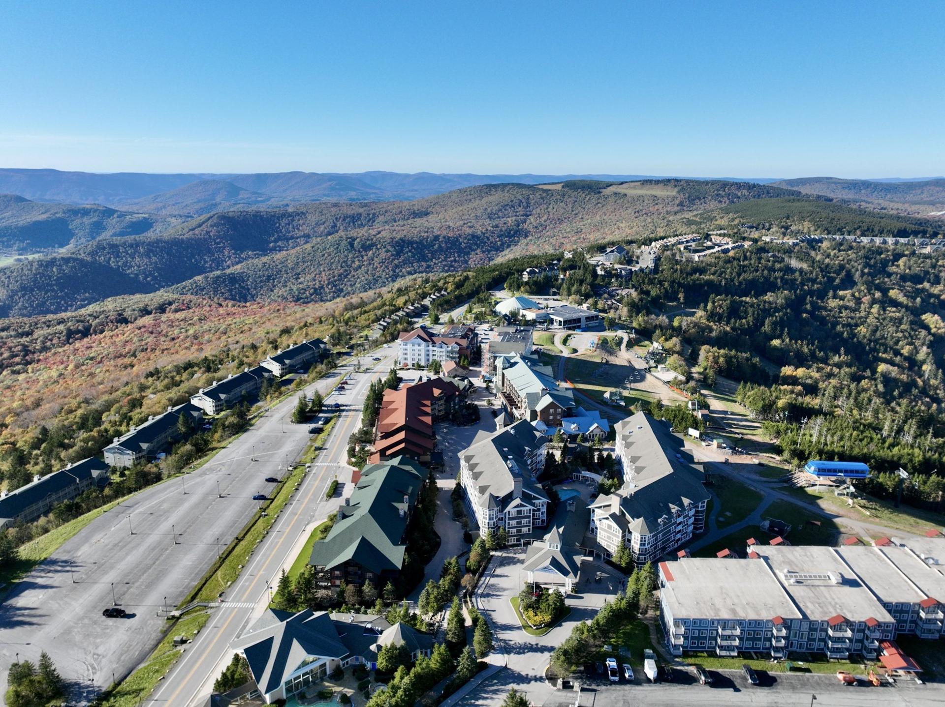 The Village at Snowshoe from the air in fall color