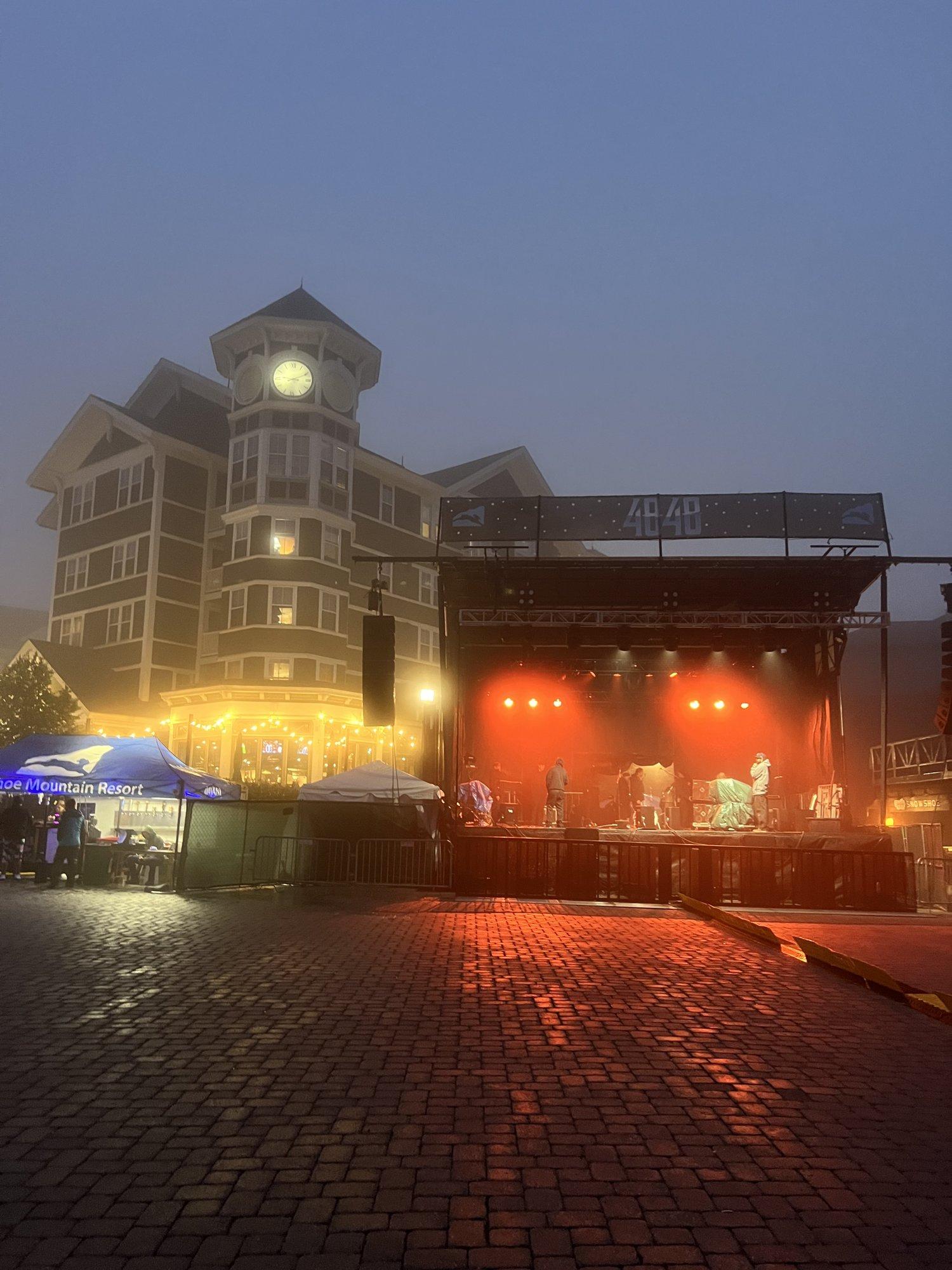 A band on the Village stage at Snowshoe at dusk