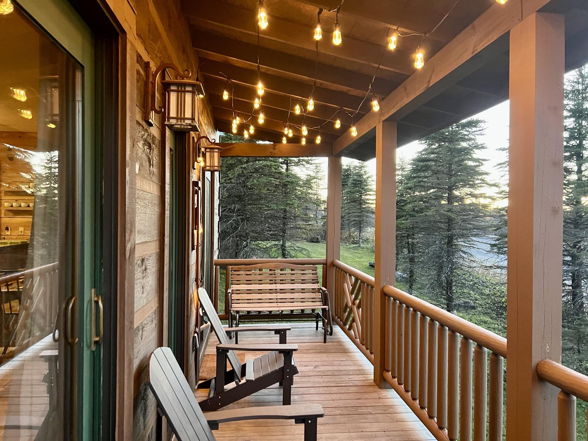 The porch lights at dusk