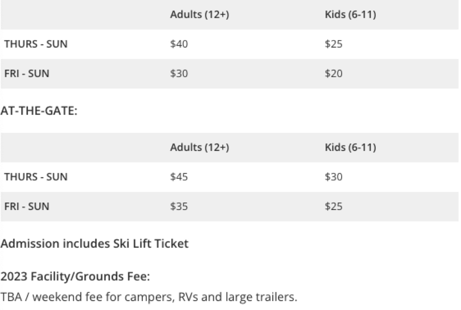 Pricing for GNCC in Snowshoe